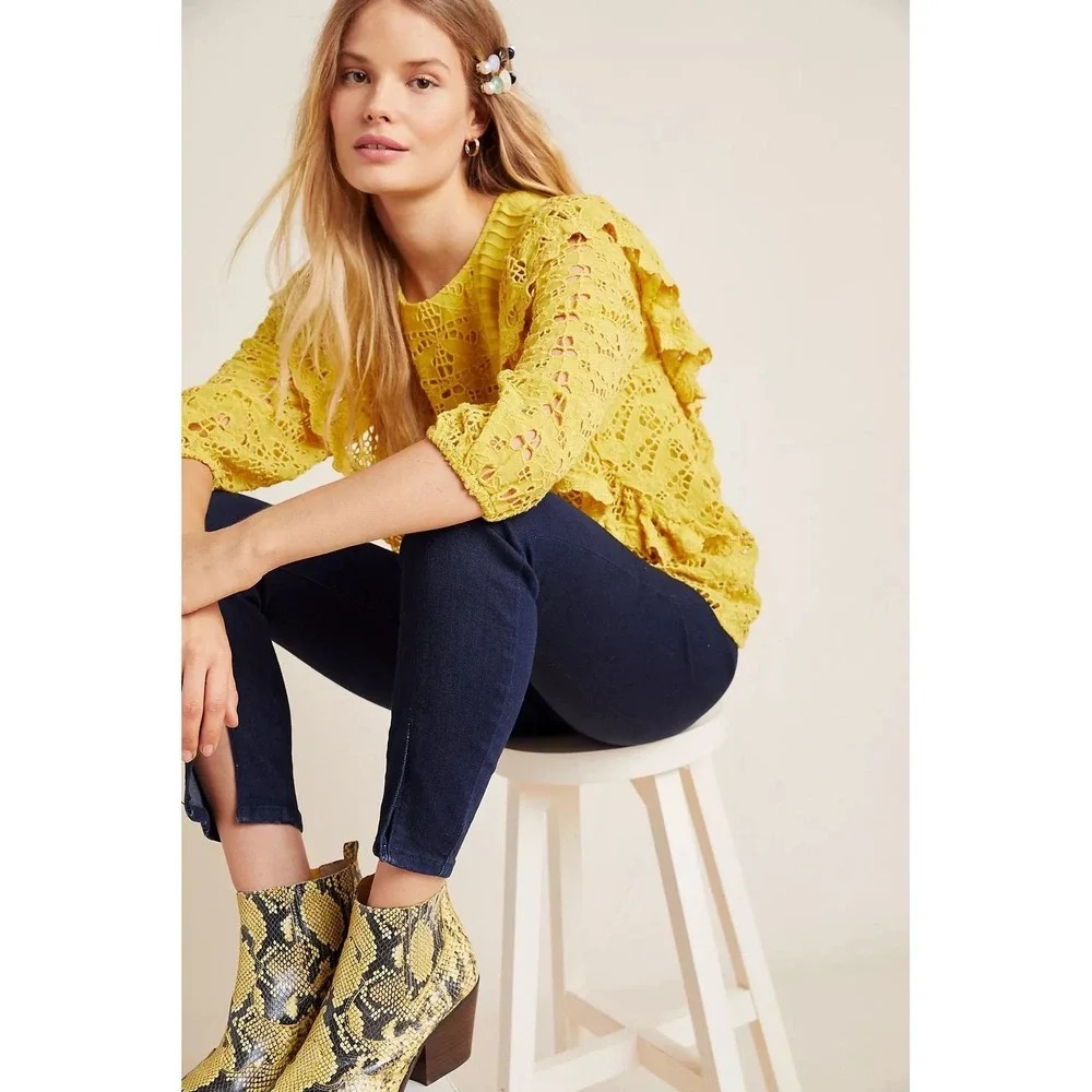 Anthropologie Maeve Clementine Lace Blouse Size 0 Yellow Ruffles